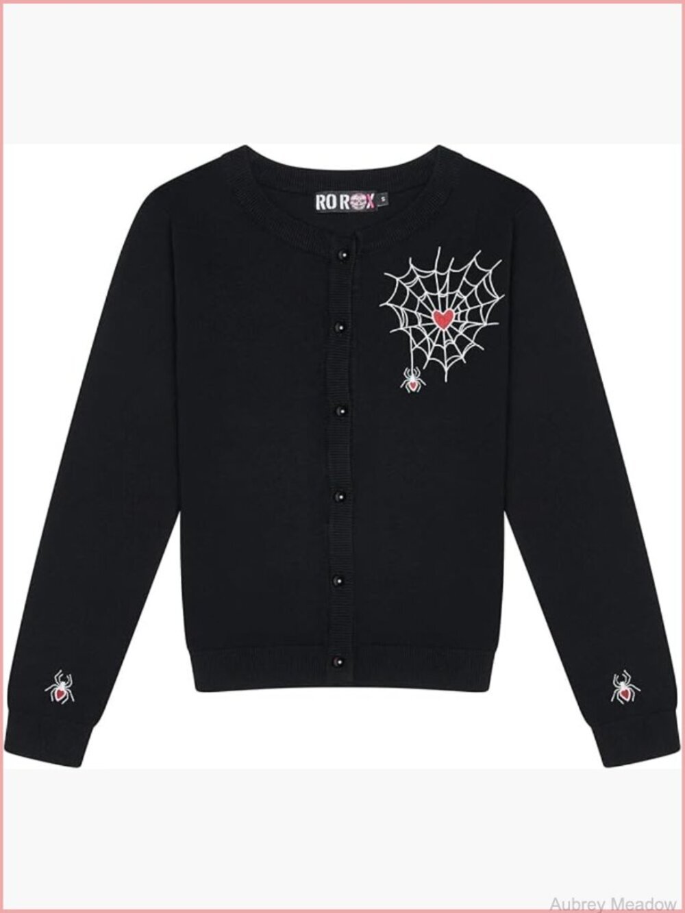 Goth Cardigan - Spider Web & Heart Embroidery, Long Sleeve, Button Front, Black